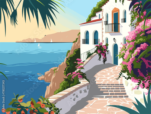 white background  A Mediterranean villa overlooking the sea  in the style of animated illustrations  background  text-based