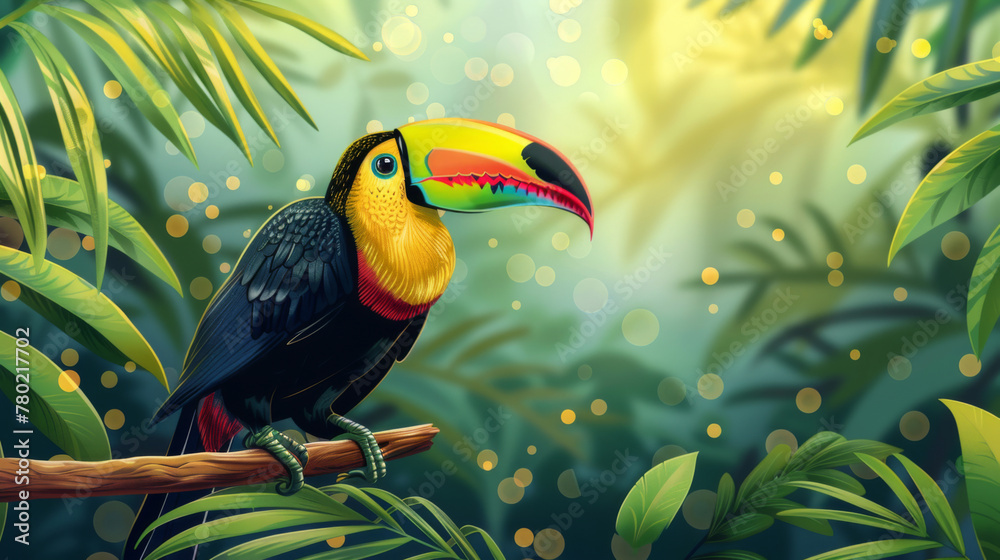 Fototapeta premium Vibrant toucan perched on a branch surrounded by lush tropical foliage and soft light bokeh.
