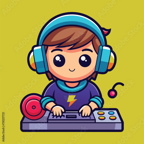 Cute Dj playing music cartoon vector icon illustration.