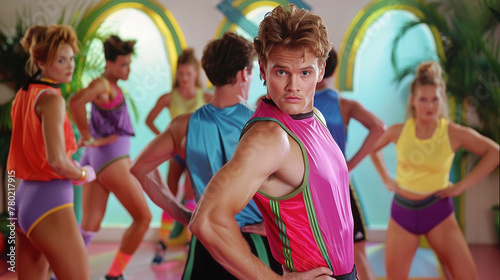 Retro 1980s Style Male Aerobics Instructor Wearing Bright Colorful Fitness Clothing With Copy Space