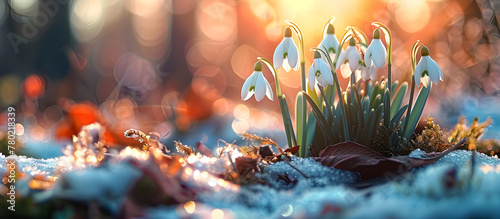 Snowdrop flowers blooming in the garden on a bright and sunny day, capturing the beauty of spring.