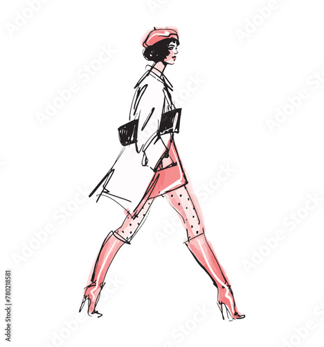Modern fashionable girl on a walk. Hand drawn watercolor sketch. A woman in a coat and high-heeled boots. Stylish Vector illustration isolated on white background.