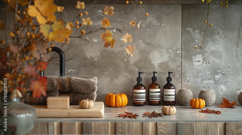 Elegant Autumn Bathroom Decor with Aromatic Dispensers - obrazy, fototapety, plakaty 