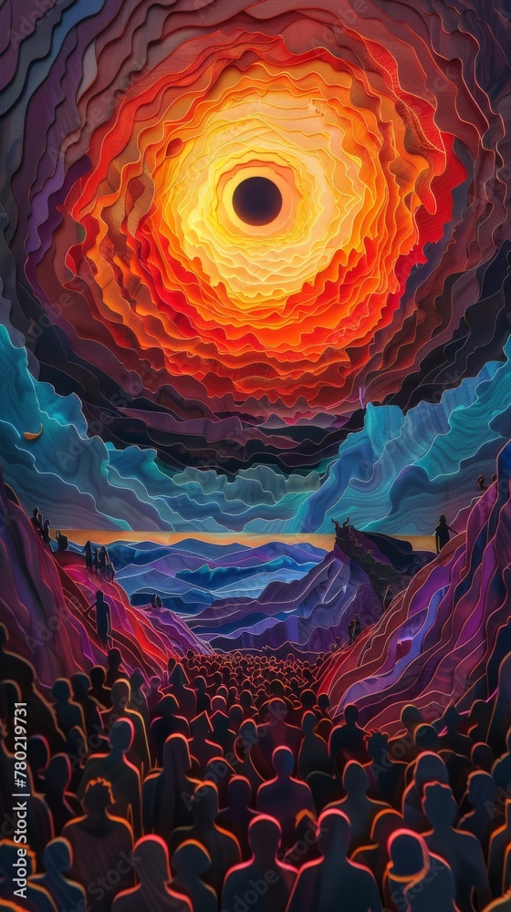 Total Eclipse Lunar Landscape Paper Cut Phone Wallpaper Background Illustration
