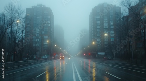 High quality photo of an empty street in thick fog. The atmosphere of danger  loneliness and mysticism. Generative AI