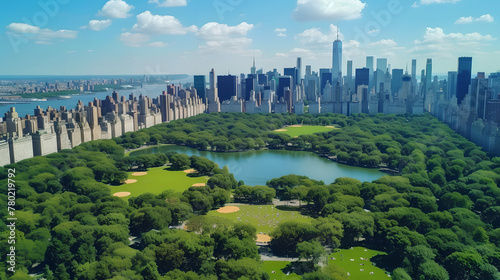 Aerial Photo Footage of Over Central Park with Nature, Trees, People Having Picnic and Resting on Field Around Manhattan Skyscrapers Cityscape, Beautiful Sunny Day 