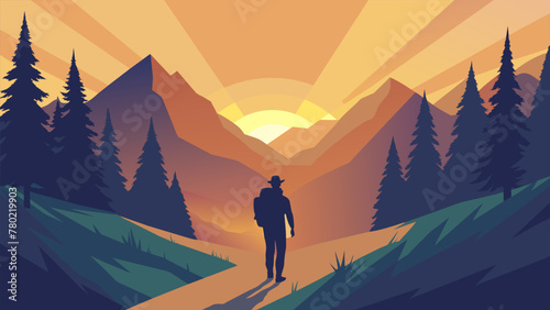 The golden rays of sunset filter through a canopy of trees casting a warm glow on the lone hiker as they navigate through the remote