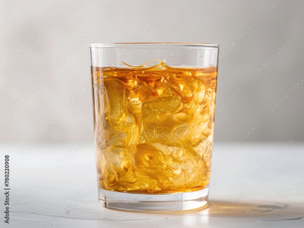 A glass of kombucha with visible strands of SCOBY A glass of kombucha with visible strands of SCOBY