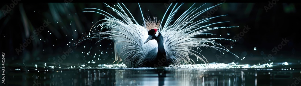 Fototapeta premium A neon-crowned crane its feathers softly lit