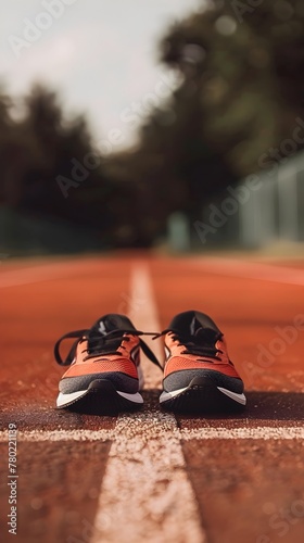 A pair of well-worn trail running shoes set against the backdrop of a serene