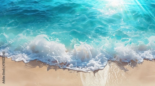 beauty beach scene, capturing the intricate details of a sandy shore, gentle waves, and the natural brilliance of sunlight