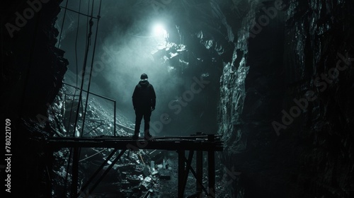 Standing on a rickety platform a lone figure gazes into the seemingly endless abyss of the mine. The faint light of their headlamp ly illuminates the rough walls and tered tools adding .