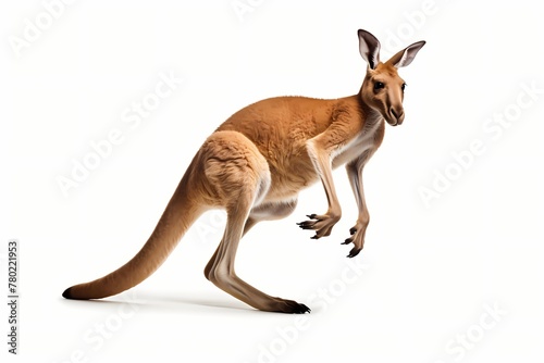 Agile kangaroo mid-hop, powerful legs captured in mid-air suspension, isolated on white solid background