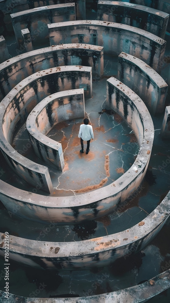 An intriguing image capturing a person from above as they stand in the center of a maze made of concentric circles