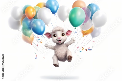 A white cartoon lamb surrounded by colorful balloons, looking cheerful and jumping playfully, isolated on a white solid background