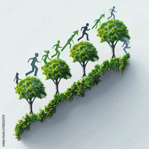 Business growth people success and growing opportunity to reach a goal as businesspeople climbing and running upward on trees shaped as a financial profit chart with 3D illustration elements.