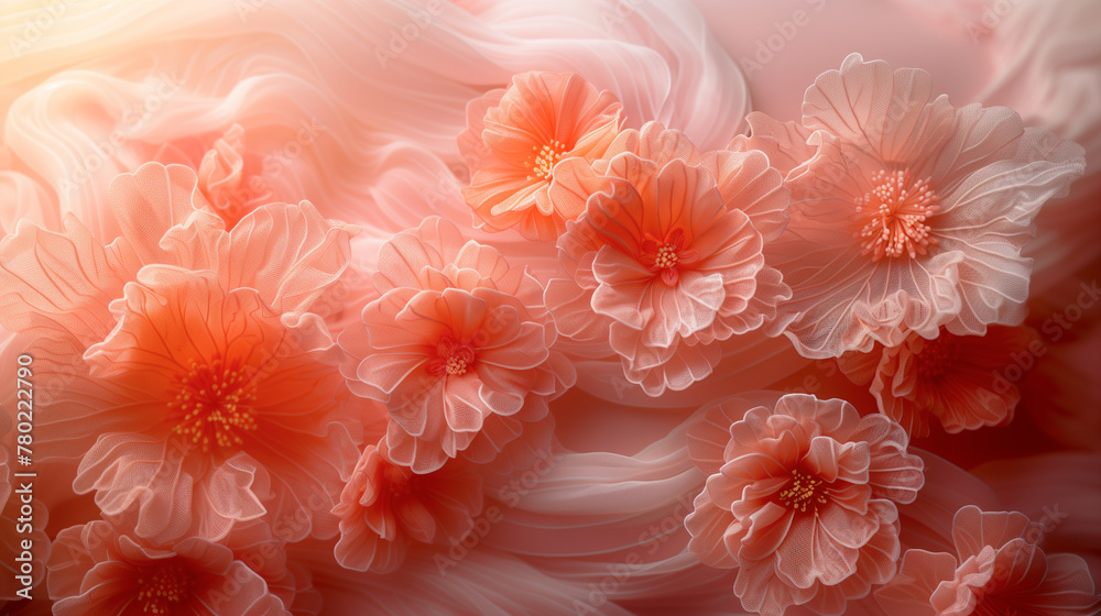 surreal flowers crafted from loofah or fabric by coral color soft pastel orange pink with copy space for text.