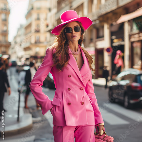 A Mujer con estilo coquette paseando por la calle, outfit rosa extravagante en la semana de la moda en París.
