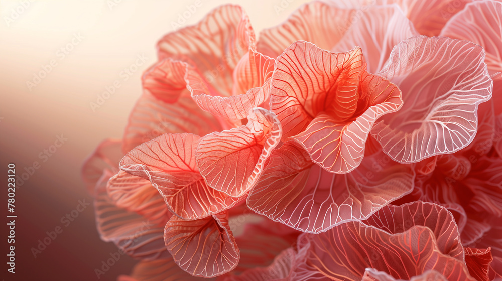 surreal flowers crafted from loofah or fabric by coral color soft pastel orange pink with copy space for text. surreal flowers crafted from loofah or fabric by coral color soft pastel orange pink with copy space for text.