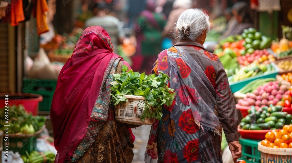 Two elderly women wearing traditional dresses walk away from the camera arms full of freshlypurchased produce from the bustling . .