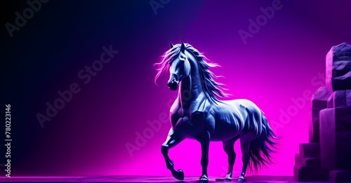a head of a white horse in neon background