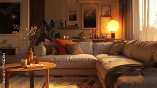 Scandinavian style and minimalist designed living room interior scene in the evening. ( 3d render )