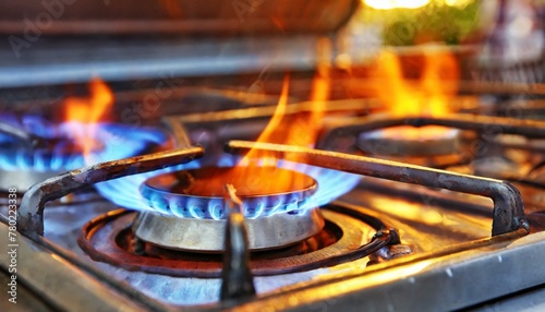 burning gas stove, wallpaper gas oven - orange tongues of blue flame of a gas burner