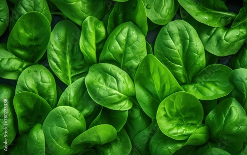 Fresh green spinach leaves with water drops