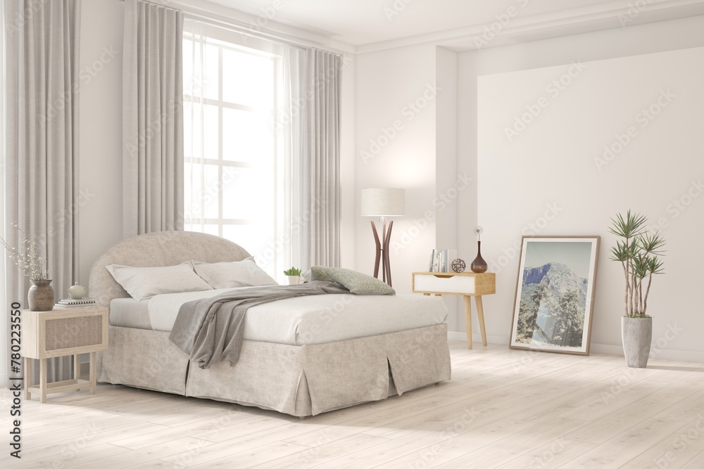 Fototapeta premium White bedroom concept. Scandinavian interior design. 3D illustration