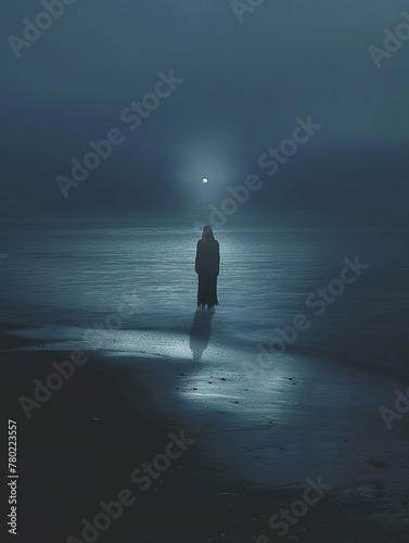 Ghostly figure, standing at the shore, night, reflective, cool ocean whispers , high-resolution