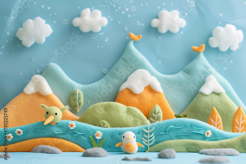 A minimalist vision of felt mountains, soaring birds, and rolling waves on a textured paper background. Bright colors, sharp details, and a unique design for your wall.