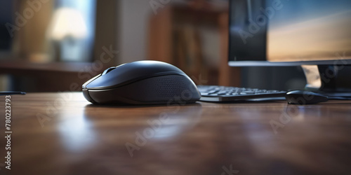 Black computer mouse on a wooden table. A black computer mouse with a wired USB connection sits on a light-colored wooden table. The table has a smooth surface with visible wood grain.