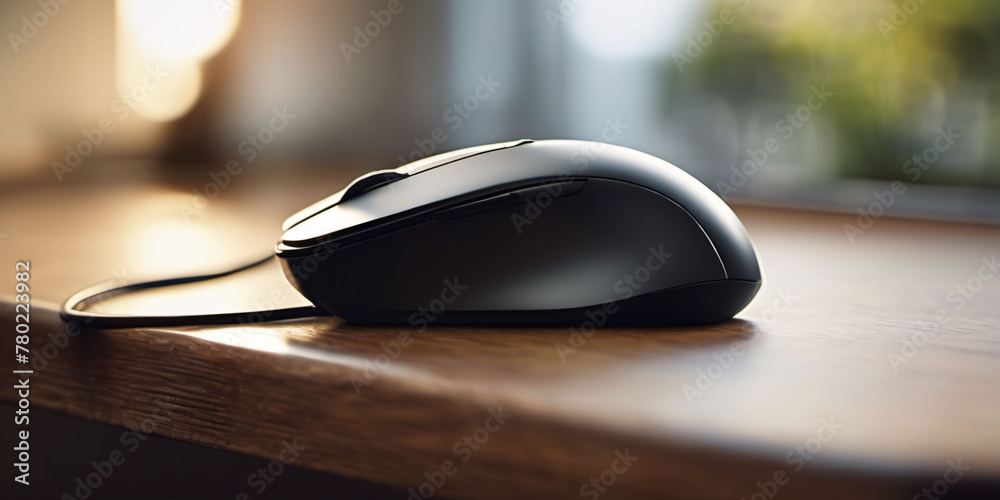 Black computer mouse on a wooden table. A black computer mouse with a ...