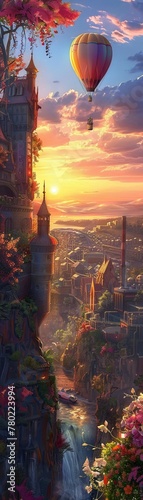 Flora blooms at the edge of a castle, overlooking a factory, as a hot air balloon dips, creating a splash, vivid sunset, dynamic ,