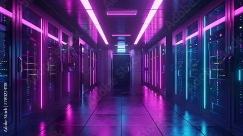 Health informatics, secure server room, wide angle, protective, neon locks , Hyper-Realism