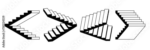 Impossible linear stairway set. Surreal 3d staircase. Black and white stair steps collection. Graphic design illusion element pack concept for poster, banner, flyer, brochure, leaflet. Vector bundle