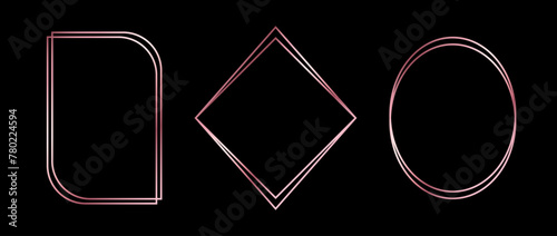 Rose gold thin frames set. Pink gold geometric borders in art deco style. Thin linear diamond, ellipse, arch collection. Foil glowing shiny boarder element pack. Vector photo, cadre, decor bundle