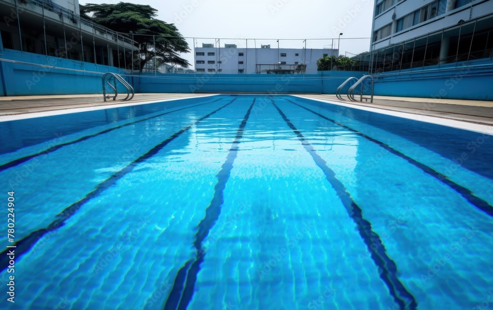 Empty swimming pool with clear blue water