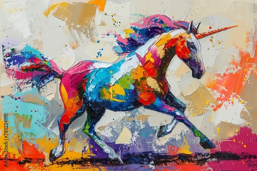 Palette knife oil artwork of a unicorn, body in bright colors, on a dynamic background, with colorful highlights and theatrical lighting