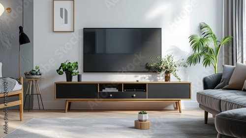 TV cabinet in a scandinavian decor living room.3d rendering