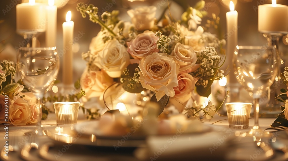 Exquisite table setting in a high-end restaurant, featuring delicate candles and luxurious floral arrangements. 