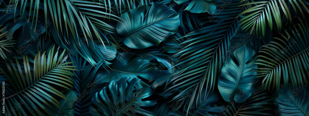 tropical jungle dark background with palm leaves, green and blue colors tropical jungle dark background with palm leaves, green and blue colors