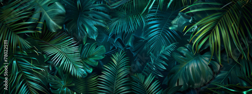 tropical jungle dark background with palm leaves, green and blue colors