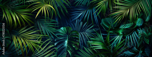 tropical jungle dark background with palm leaves  green and blue colors