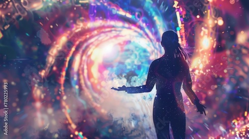 A girl in a galaxy inspired jumpsuit stands with her back to the camera her hand outstretched towards a kaleidoscope of colors and . .
