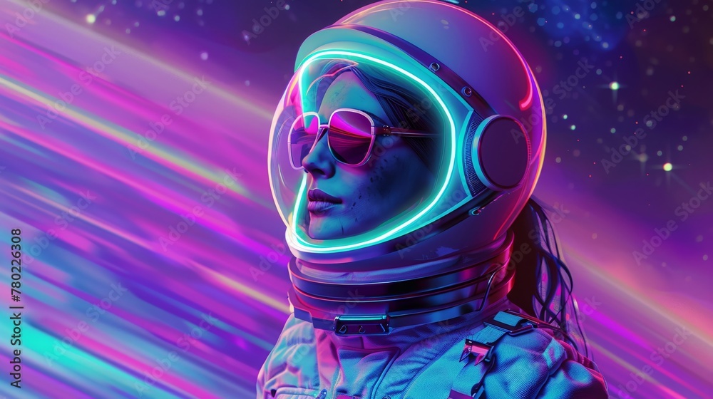 Enigmatic astronaut woman, neon glows in a dreamlike realm, cosmic mystery surrounds, vibrant aura, panoramic, alluring , - obrazy, fototapety, plakaty 