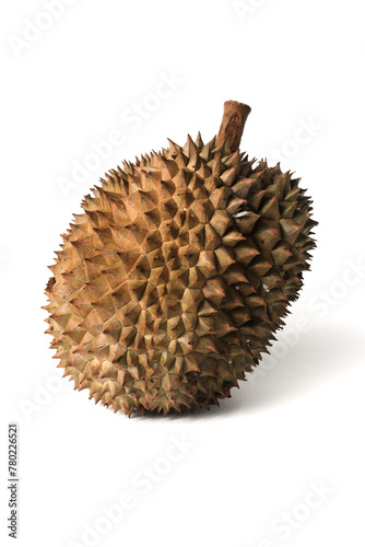 Ripe durian fruit with its distinctive spiky husk isolated on white background