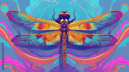 Dragonfly in pop-art style graphic, psychedelic colors swirling around its form, Sky Blue and Magenta background