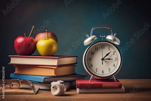 back-to-school background stacked pile of books, alarm clock, Apple Pencil poised for note-taking, symbolizing the excitement and readiness for the academic journey ahead
