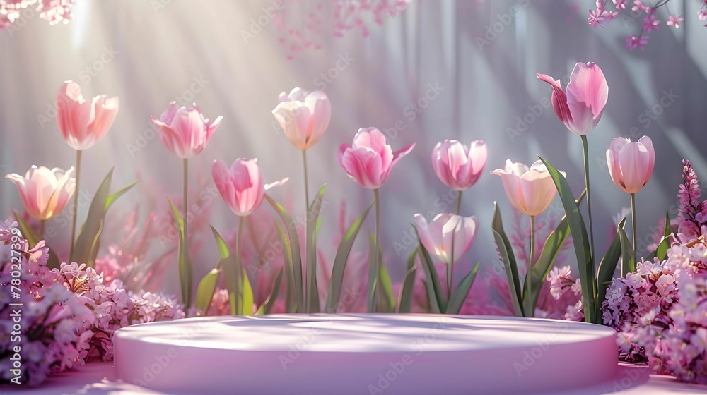 Tulipa podium flower background white product nature platform stand summer 3d table. Cosmetic podium lilac abstract field studio beauty flower Tulipa  display plant backdrop c